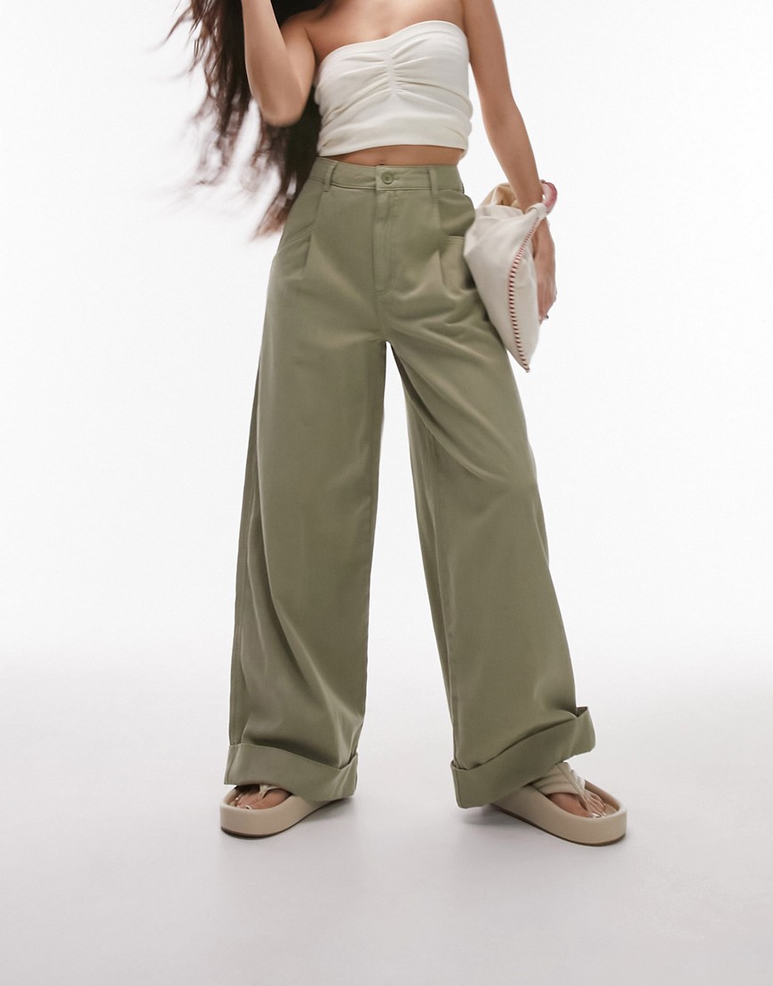 Topshop clean wide leg back tab trouser with turn back hem in sage-Green