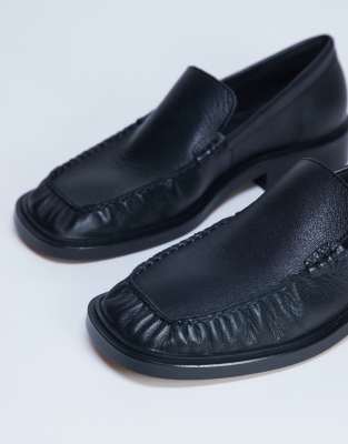 Topshop Clover Premium Real Leather Loafers With Ruched Details In Black