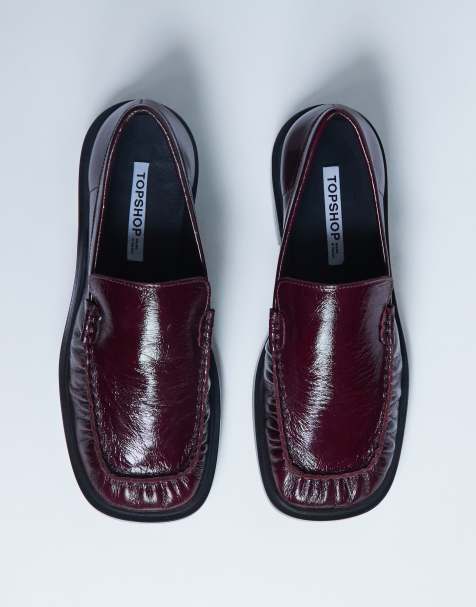 Topshop Clover premium real leather loafers with ruched details in burgundy - view 1