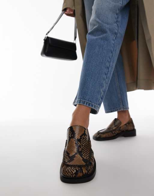 Topshop – Clover – Skórzane loafersy z marszczeniem premium we wzór skóry węża