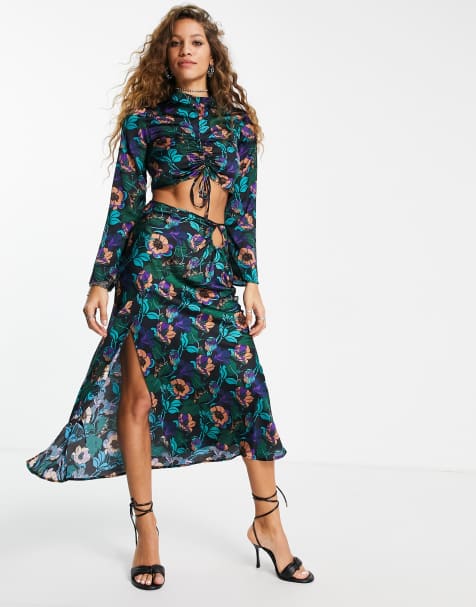 Topshop co-ord 70's print satin skirt in multi - MULTI - view 1
