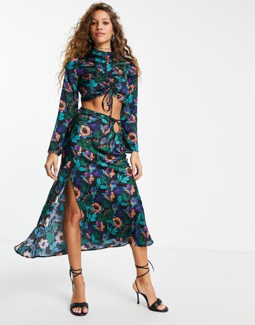 Topshop co-ord 70's print satin skirt in multi - MULTI