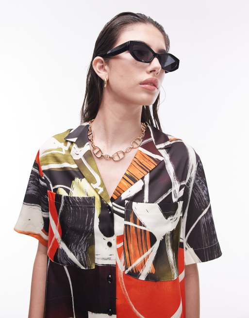 Topshop co ord abstract artsy print satin resort shirt in multi