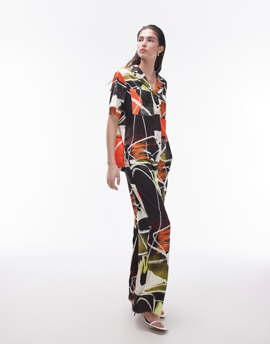 Topshop co ord abstract artsy print satin trouser in multi - MULTI
