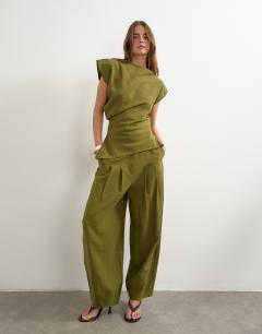 Model wearing Co ord asymmetric neckline top in khaki