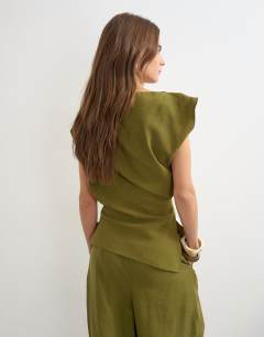 Model wearing Co ord asymmetric neckline top in khaki