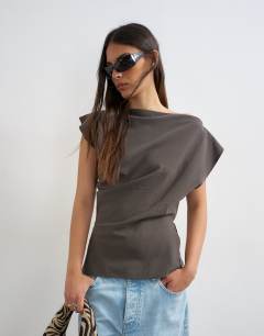 Co ord asymmetric off shoulder top in charcoal 
