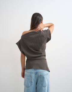 Model wearing Co ord asymmetric off shoulder top in charcoal 