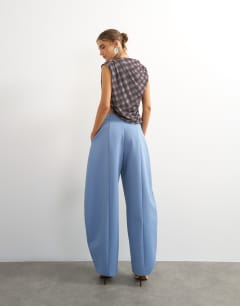 Model wearing Co ord barrel leg trouser in blue