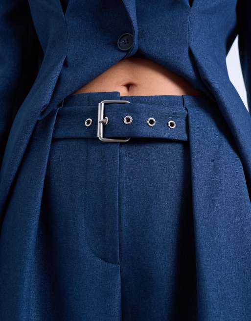Topshop co ord belted highwaisted double pleat trouser in navy, 4 of 5