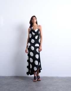 Model wearing Co-ord bias maxi slip skirt in large mono spot