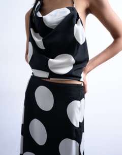 Model wearing Co-ord bias maxi slip skirt in large mono spot