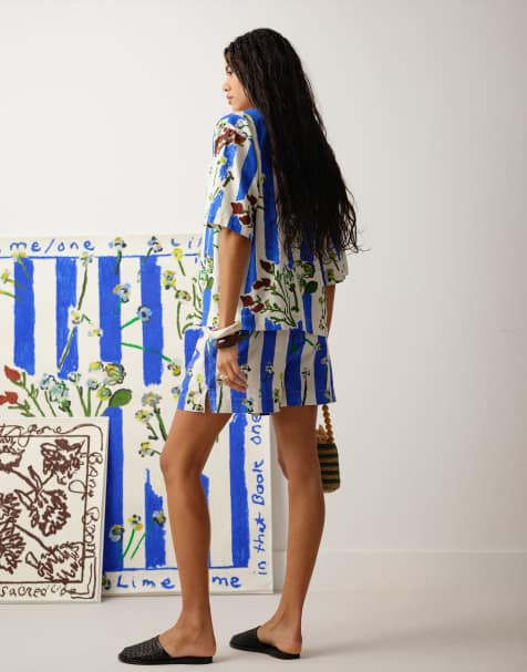 Topshop co ord Bradley.B high rise linen floral stripe short - view 1