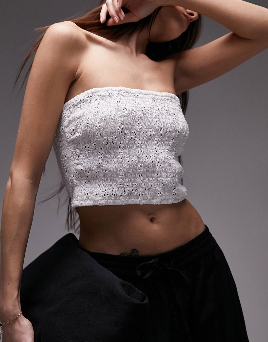 Topshop co-ord broderie shirred bandeau top in white