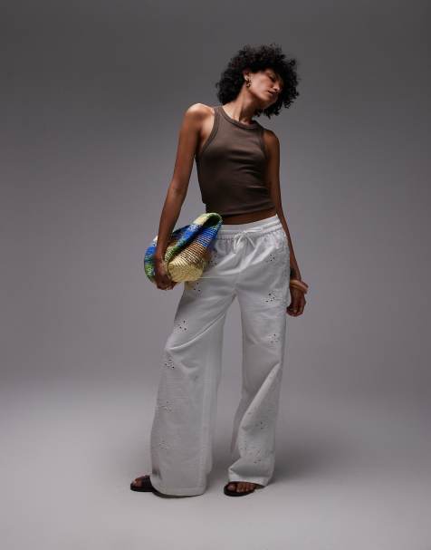 Topshop co ord broderie side detail tie waist trouser in white - view 1