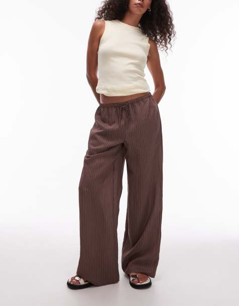 Topshop co ord brown stripe wide leg drawcord trouser in chocolate - view 1