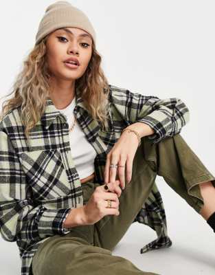 Topshop co-ord brushed check oversized shirt in lime  - ASOS Price Checker