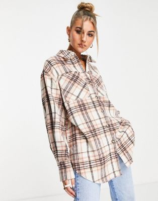 Topshop co-ord brushed check oversized shirt in pink