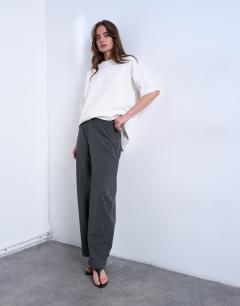 Model wearing Co ord bubble trouser in charcoal stripe