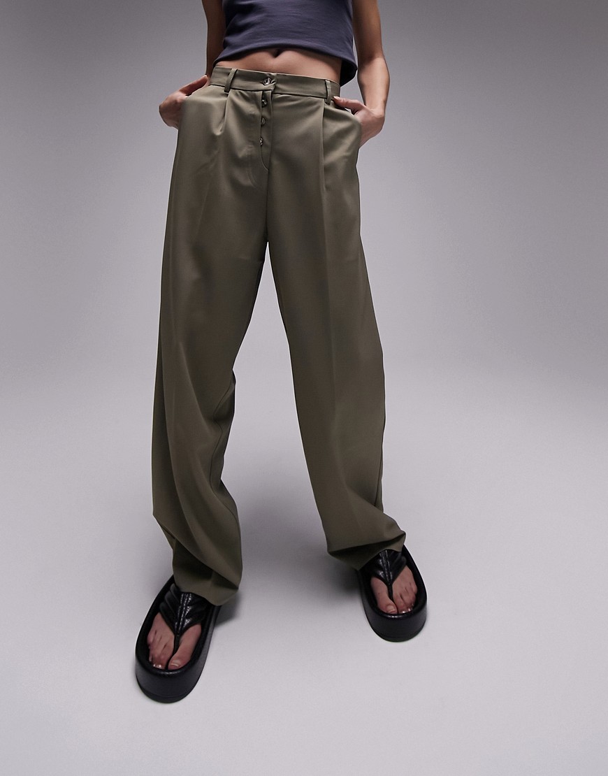Topshop co-ord button fly slouch peg-leg trousers in sage-Green