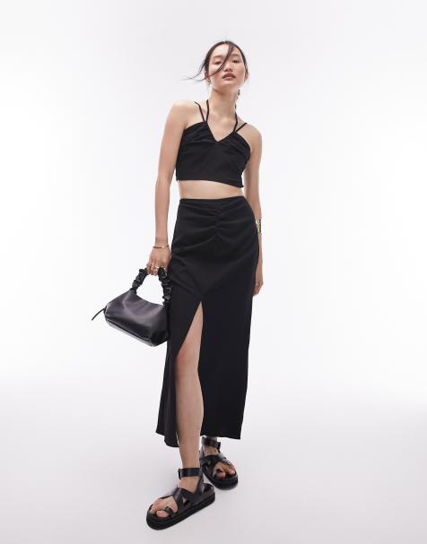 Topshop co-ord centre front ruched maxi skirt in black - view 1