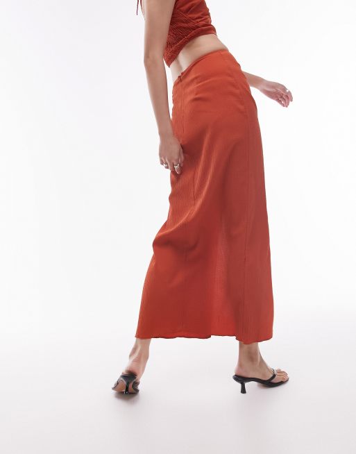 Topshop co-ord centre front ruched maxi skirt in rust, 4 of 5