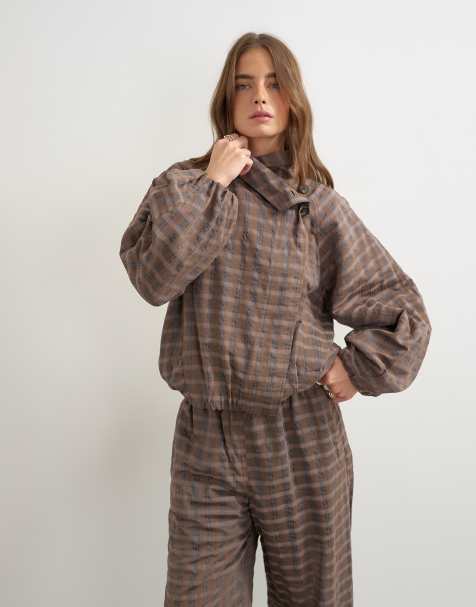 Topshop co-ord check funnel neck bomber in brown - view 1