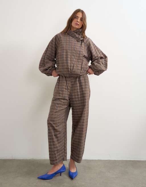 Topshop co-ord check funnel neck bomber in brown, 2 of 4