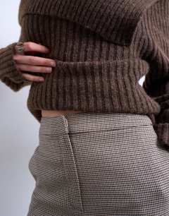Model wearing Co ord check high waisted tailored trouser in brown