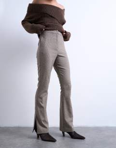 Model wearing Co ord check high waisted tailored trouser in brown