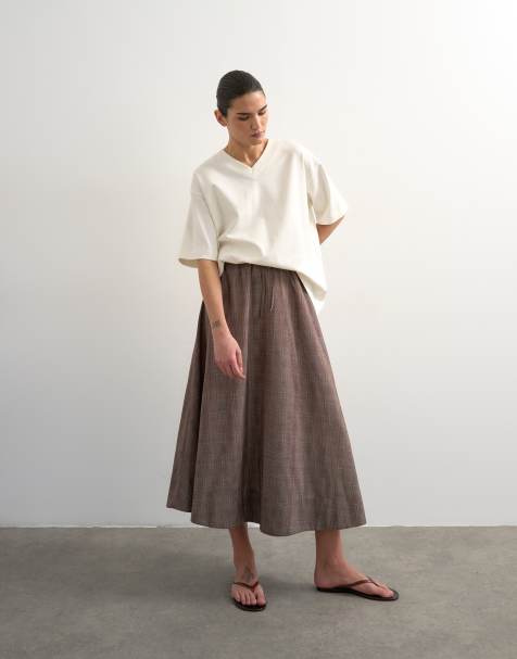 Topshop co ord check tie waist pleated maxi skirt in brown