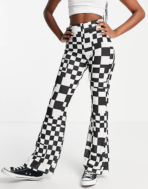 Topshop co-ord checkerboard flared trouser in monochrome