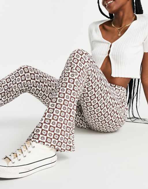 Topshop co-ord checkerboard floral flared pants in monochrome, 4 of 4
