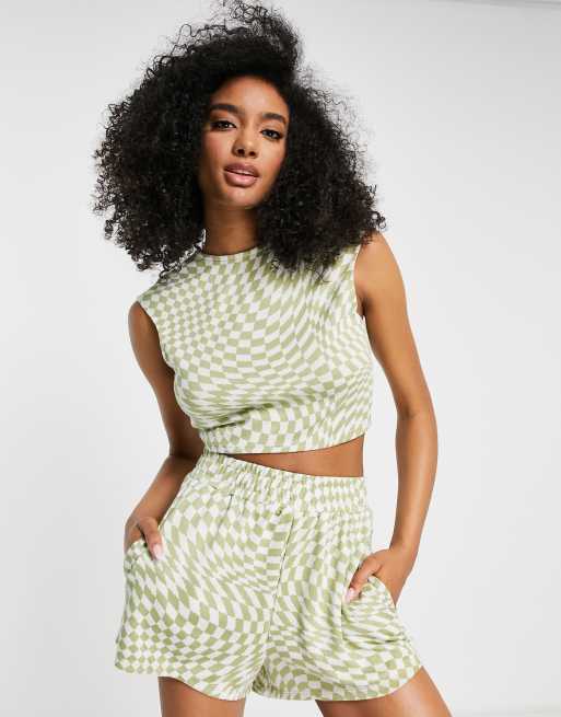 Topshop co ord checkerboard twist back top in green