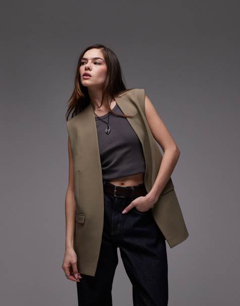 Topshop co ord chuck on sleeveless blazer in mushroom - view 1