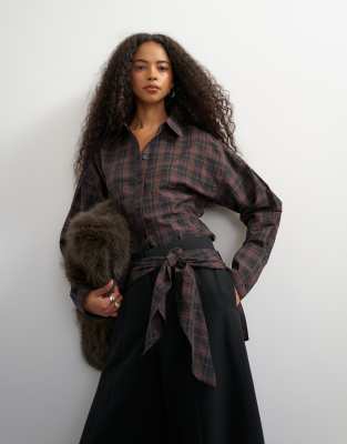 Topshop Co Ord Cinch Check Shirt In Brown