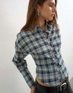 Model wearing Co ord cinch check shirt in navy
