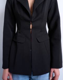 Model wearing Co ord cinched waist blazer in black