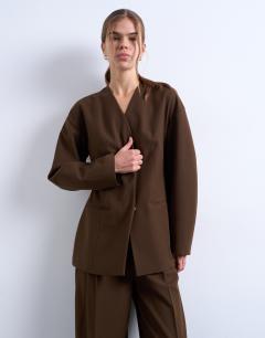 Co ord collarless ovoid sleeve blazer in chocolate
