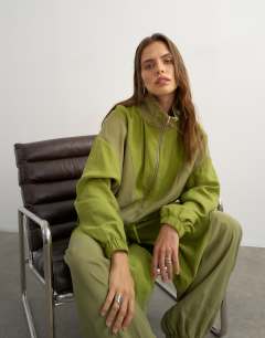 Co ord colour block funnel neck track jacket in green