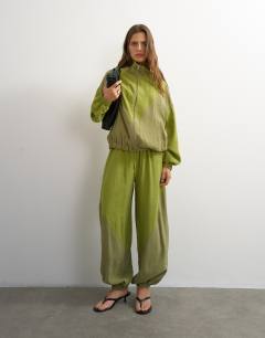 Model wearing Co ord colour block funnel neck track jacket in green