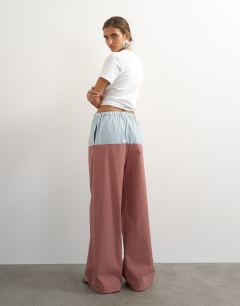 Model wearing Co ord colour block wide leg trouser in blue and mauve