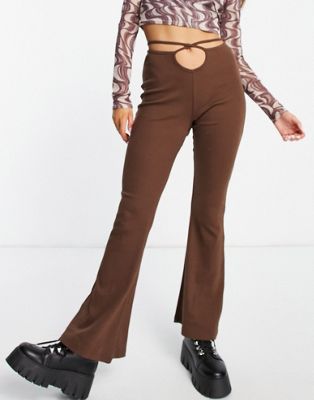 Topshop co-ord compact rib flared trouser with cross hip straps in brown