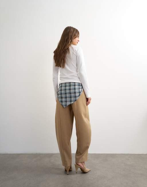 Topshop co ord contrast check wrap barrel pant in navy, 4 of 5