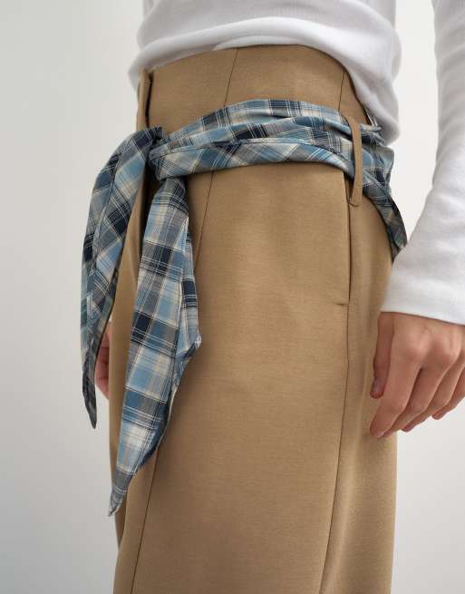 Topshop co ord contrast check wrap barrel pant in navy, 5 of 5