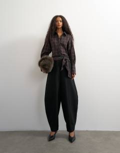 Co ord contrast check wrap barrel trouser in black