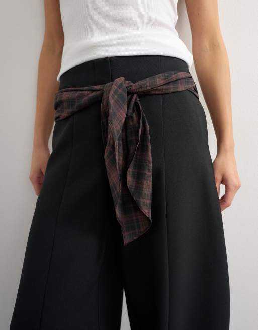 Topshop co ord contrast check wrap barrel trouser in brown, 2 of 5