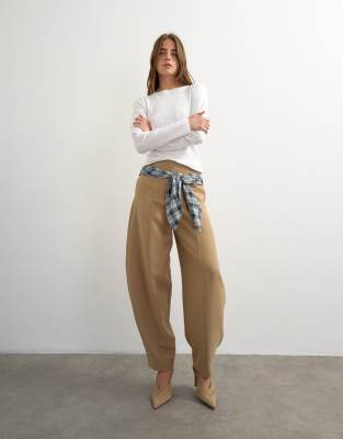 Topshop Co Ord Contrast Check Wrap Barrel Trouser In Nude