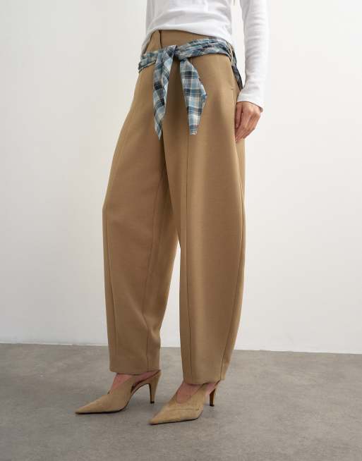 Topshop co ord contrast check wrap barrel trouser in navy, 3 of 5