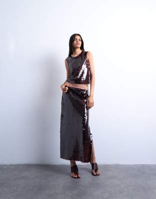 Topshop Women's Wine Co-Ord Contrast Sequin Midi Skirt In -Red